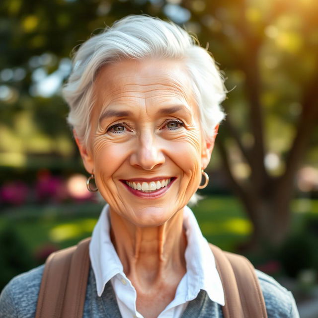 A portrait of an older individual who appears youthful and healthy