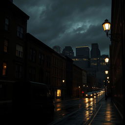 A moody, atmospheric view of dark Boston at night, featuring rain-slicked streets reflecting the glow of vintage street lamps