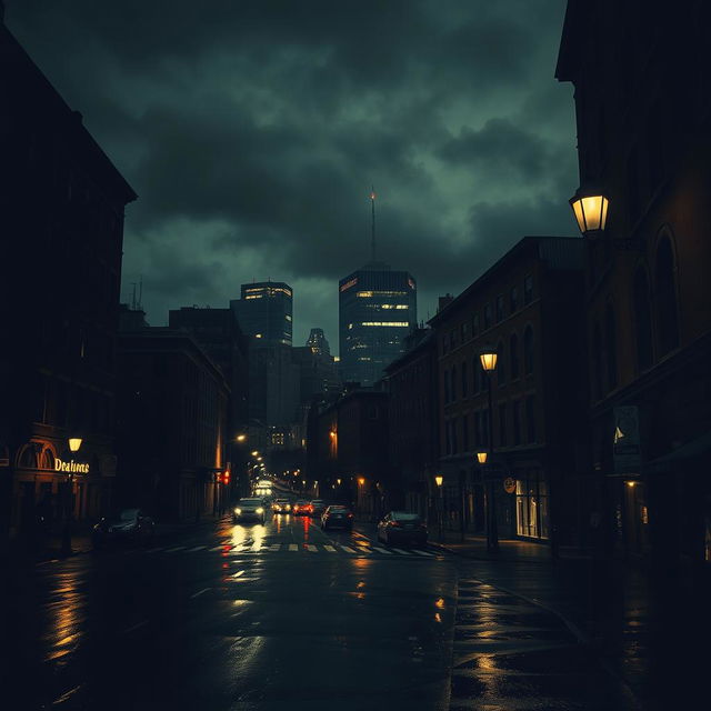 A moody, atmospheric view of dark Boston at night, featuring rain-slicked streets reflecting the glow of vintage street lamps