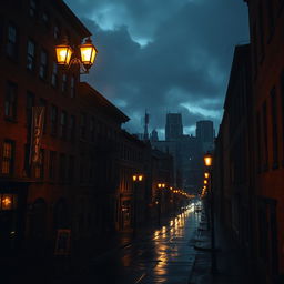 A moody, atmospheric view of dark Boston at night, featuring rain-slicked streets reflecting the glow of vintage street lamps