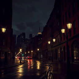 A moody, atmospheric view of dark Boston at night, featuring rain-slicked streets reflecting the glow of vintage street lamps