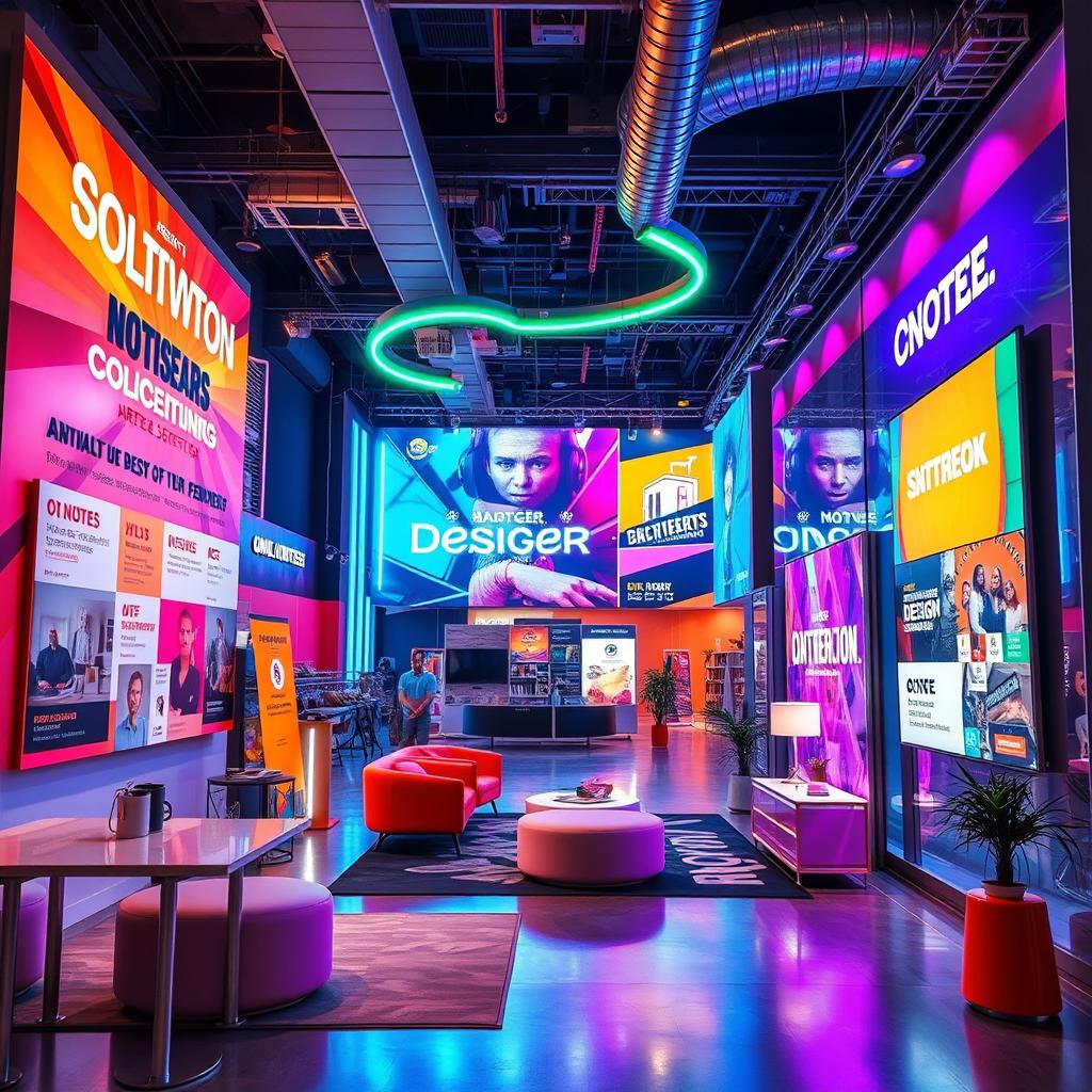 An advertising space designed for a vibrant design company, featuring an explosion of colors with bright neon lights illuminating the area