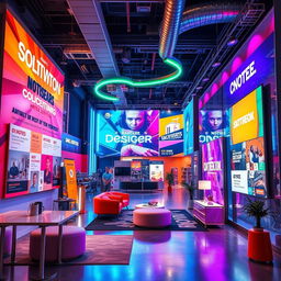 An advertising space designed for a vibrant design company, featuring an explosion of colors with bright neon lights illuminating the area