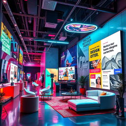 An advertising space designed for a vibrant design company, featuring an explosion of colors with bright neon lights illuminating the area