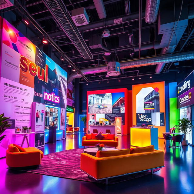 An advertising space designed for a vibrant design company, featuring an explosion of colors with bright neon lights illuminating the area