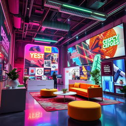 An advertising space designed for a vibrant design company, featuring an explosion of colors with bright neon lights illuminating the area