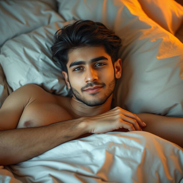 A handsome Pakistani young man lying on a bed, showcasing his thin and hairy physique