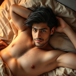 A handsome Pakistani young man lying on a bed, showcasing his thin and hairy physique
