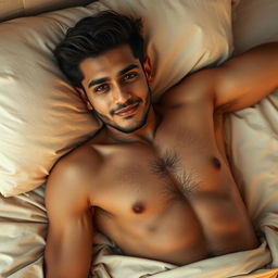 A handsome Pakistani young man lying on a bed, showcasing his thin and hairy physique