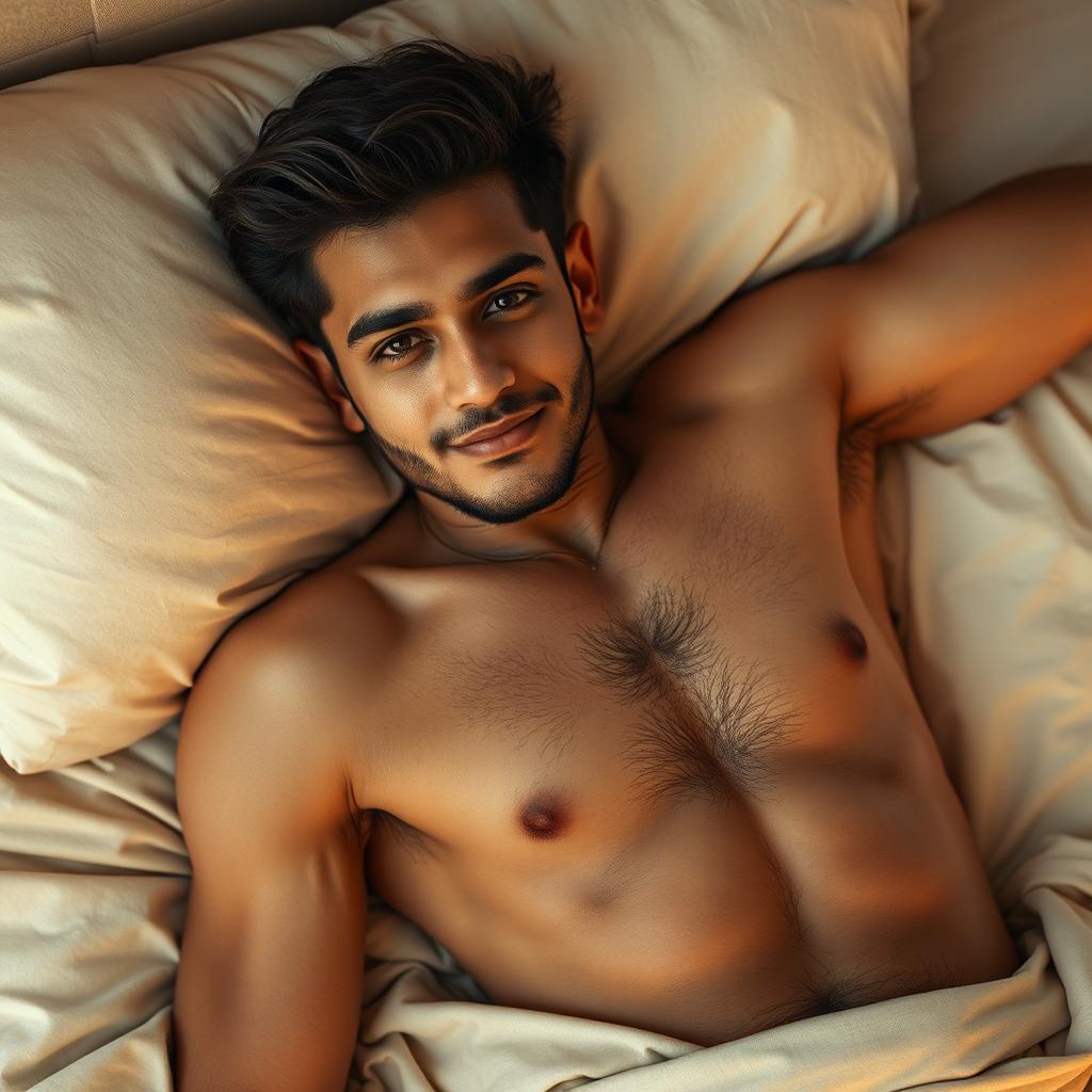 A handsome Pakistani young man lying on a bed, showcasing his thin and hairy physique