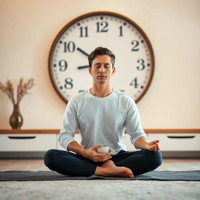 A focused individual practicing fasting, sitting cross-legged in a serene environment