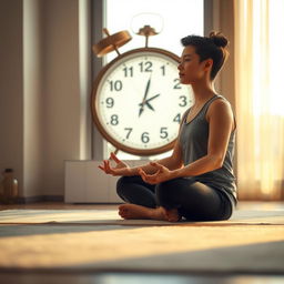 A focused individual practicing fasting, sitting cross-legged in a serene environment