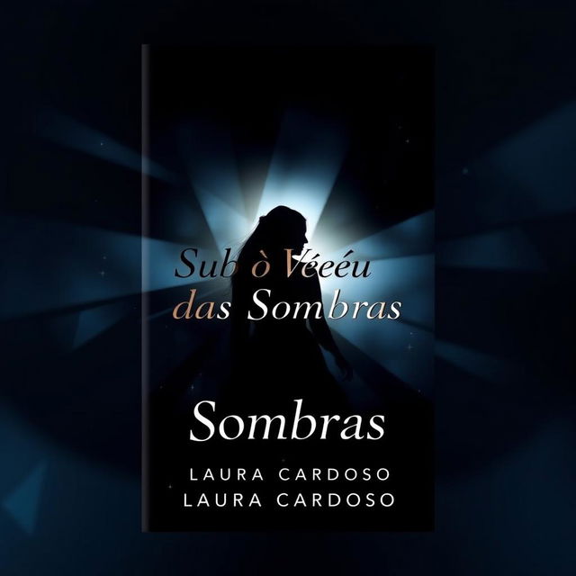 A book cover design for 'Sob o Véu das Sombras' by author Laura Cardoso, featuring a dark background transitioning from black to deep blue gradient, creating a shadowy atmosphere