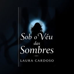A book cover design for 'Sob o Véu das Sombras' by author Laura Cardoso, featuring a dark background transitioning from black to deep blue gradient, creating a shadowy atmosphere