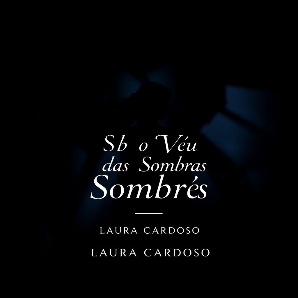 A book cover design for 'Sob o Véu das Sombras' by author Laura Cardoso, featuring a dark background transitioning from black to deep blue gradient, creating a shadowy atmosphere