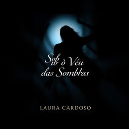 A book cover design for 'Sob o Véu das Sombras' by author Laura Cardoso, featuring a dark background transitioning from black to deep blue gradient, creating a shadowy atmosphere