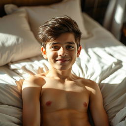 A handsome Pakistani boy lying on a bed, displaying his thin and hairy body