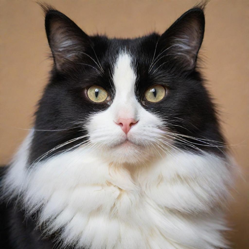 An attentive, long-haired black and white cat