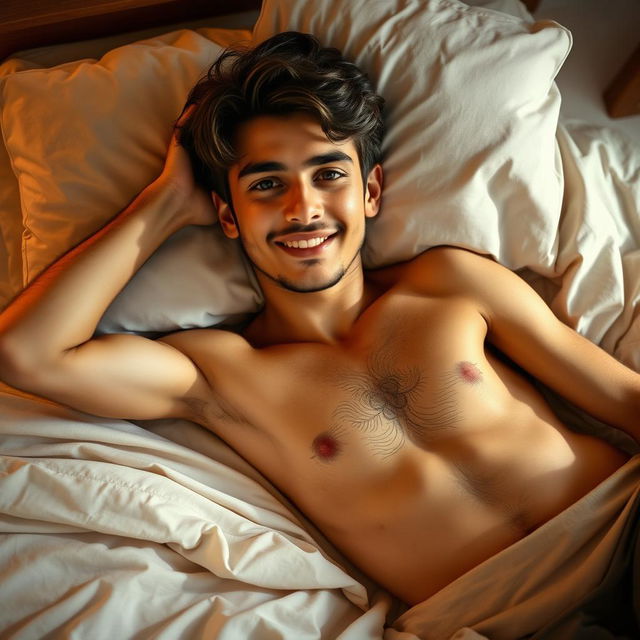 A handsome Pakistani boy lying on a bed, displaying his thin and hairy body