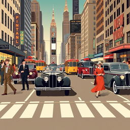 A retro-themed illustration of 1930s New York City, emphasizing vibrant street life and vintage aesthetics