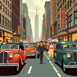 A retro-themed illustration of 1930s New York City, emphasizing vibrant street life and vintage aesthetics