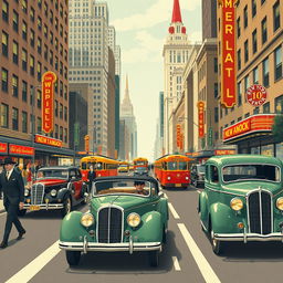 A retro-themed illustration of 1930s New York City, emphasizing vibrant street life and vintage aesthetics