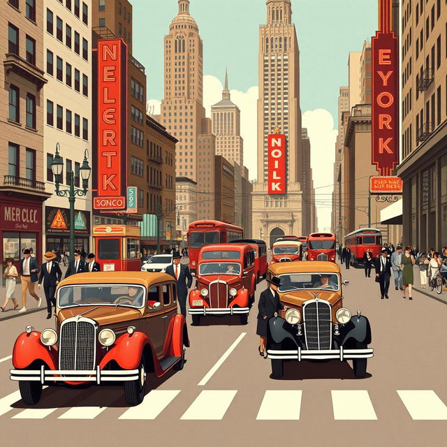 A retro-themed illustration of 1930s New York City, emphasizing vibrant street life and vintage aesthetics