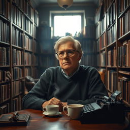 A portrait of an older, contemplative Stephen King sitting in a cozy, dimly-lit library surrounded by tall bookshelves filled with novels