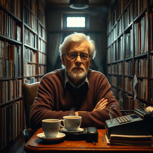 A portrait of an older, contemplative Stephen King sitting in a cozy, dimly-lit library surrounded by tall bookshelves filled with novels