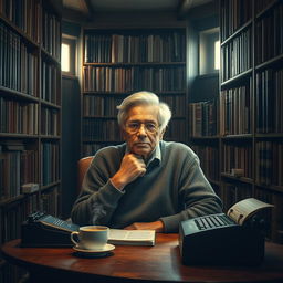 A portrait of an older, contemplative Stephen King sitting in a cozy, dimly-lit library surrounded by tall bookshelves filled with novels