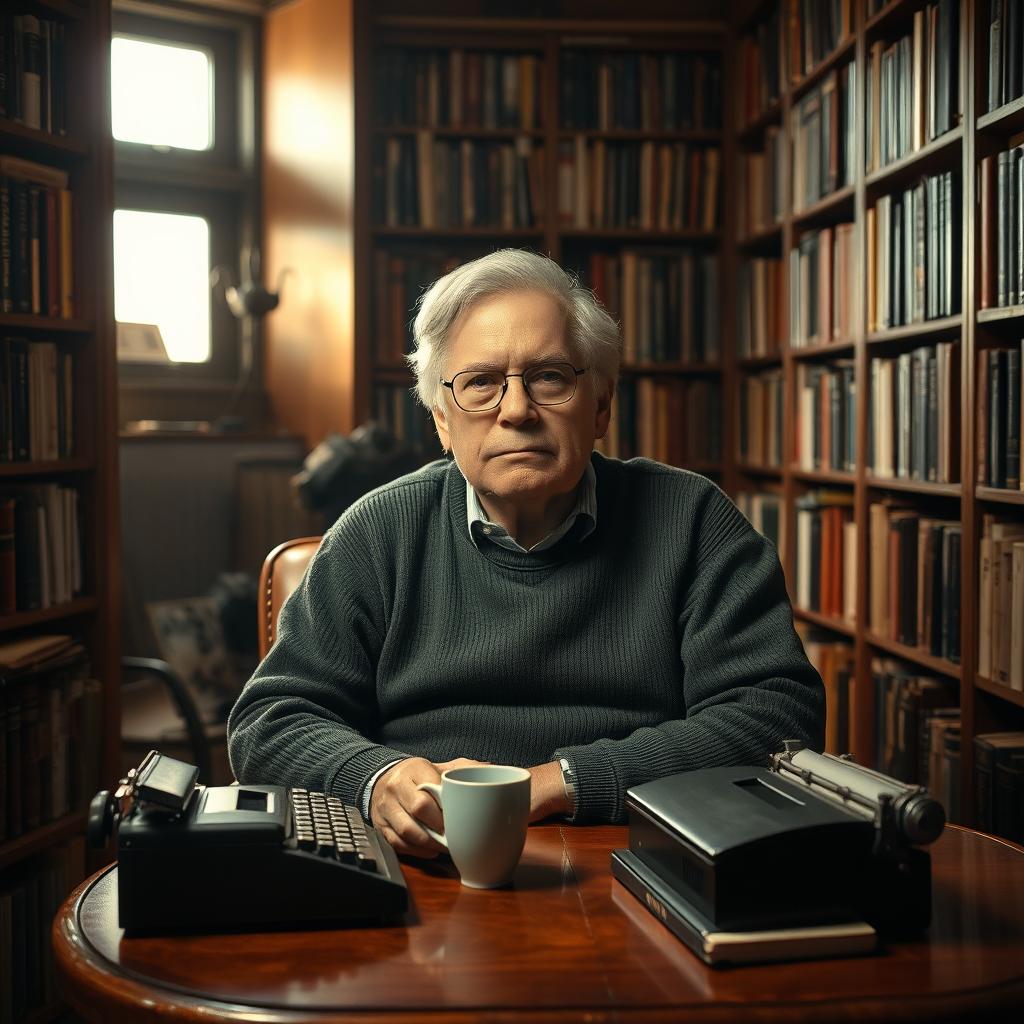 A portrait of an older, contemplative Stephen King sitting in a cozy, dimly-lit library surrounded by tall bookshelves filled with novels