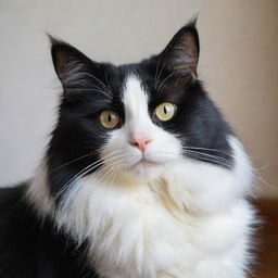 An attentive, long-haired black and white cat