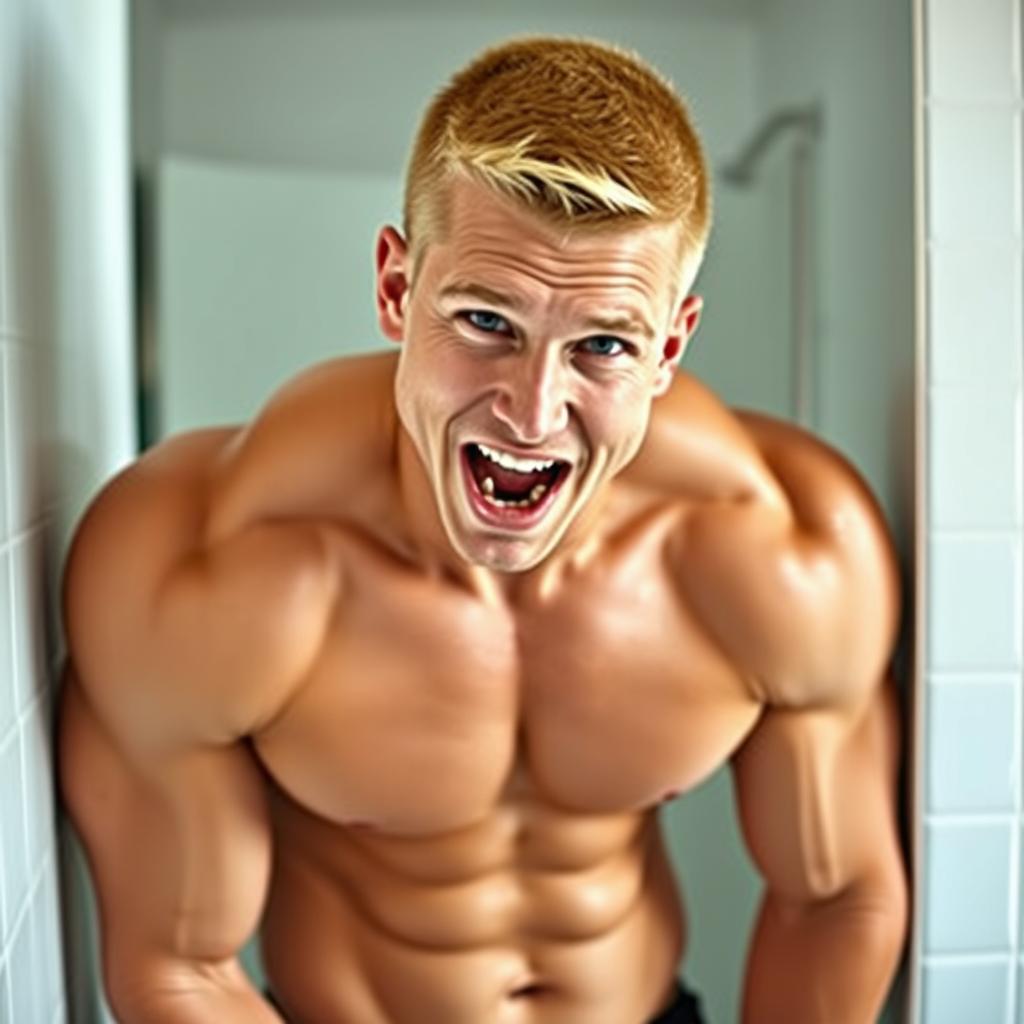 A muscular young man with a buzz cut and blond hair, showcasing a handsome and cute appearance