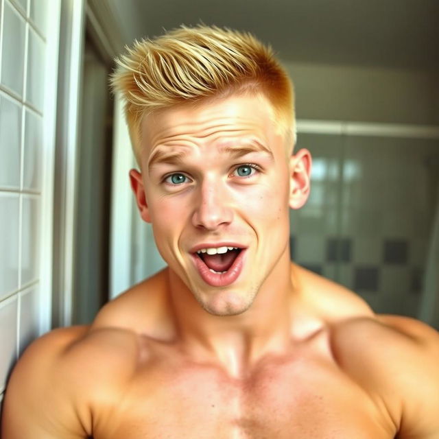 A muscular young man with a buzz cut and blond hair, showcasing a handsome and cute appearance