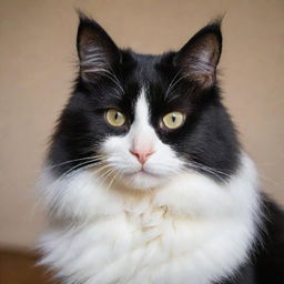 An attentive, long-haired black and white cat