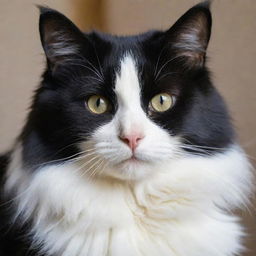 An attentive, long-haired black and white cat