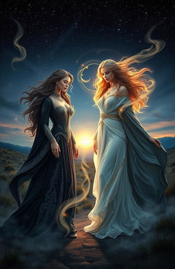 A mystical scene depicting the balance between dark feminine energy and divine feminine energy, with two powerful women embodying these aspects