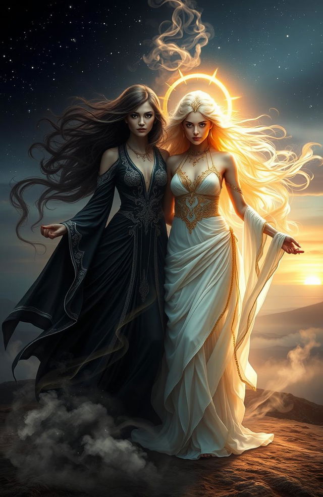 A mystical scene depicting the balance between dark feminine energy and divine feminine energy, with two powerful women embodying these aspects