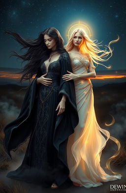 A mystical scene depicting the balance between dark feminine energy and divine feminine energy, with two powerful women embodying these aspects