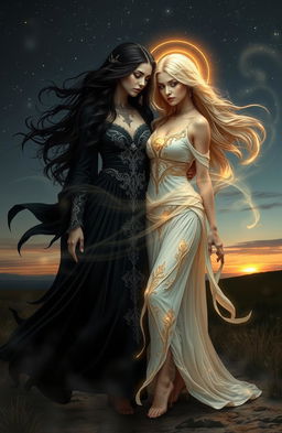 A mystical scene depicting the balance between dark feminine energy and divine feminine energy, with two powerful women embodying these aspects