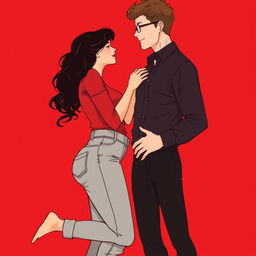 An illustration of a romantic couple standing closely together, their bodies tilted slightly as they share a tender moment