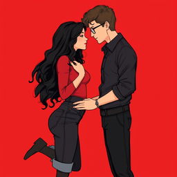 An illustration of a romantic couple standing closely together, their bodies tilted slightly as they share a tender moment