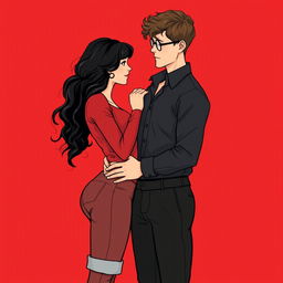 An illustration of a romantic couple standing closely together, their bodies tilted slightly as they share a tender moment