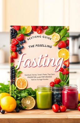 A visually captivating and enticing book cover design for a bestselling fasting guide, featuring an array of vibrant fruits and vegetables like berries, lemons, and greens, artistically arranged around a central, eye-catching title in elegant, inviting typography