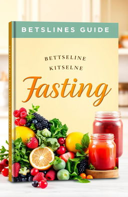 A visually captivating and enticing book cover design for a bestselling fasting guide, featuring an array of vibrant fruits and vegetables like berries, lemons, and greens, artistically arranged around a central, eye-catching title in elegant, inviting typography