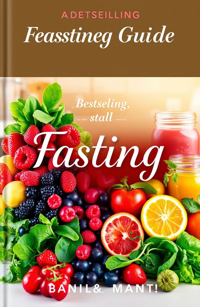 A visually captivating and enticing book cover design for a bestselling fasting guide, featuring an array of vibrant fruits and vegetables like berries, lemons, and greens, artistically arranged around a central, eye-catching title in elegant, inviting typography