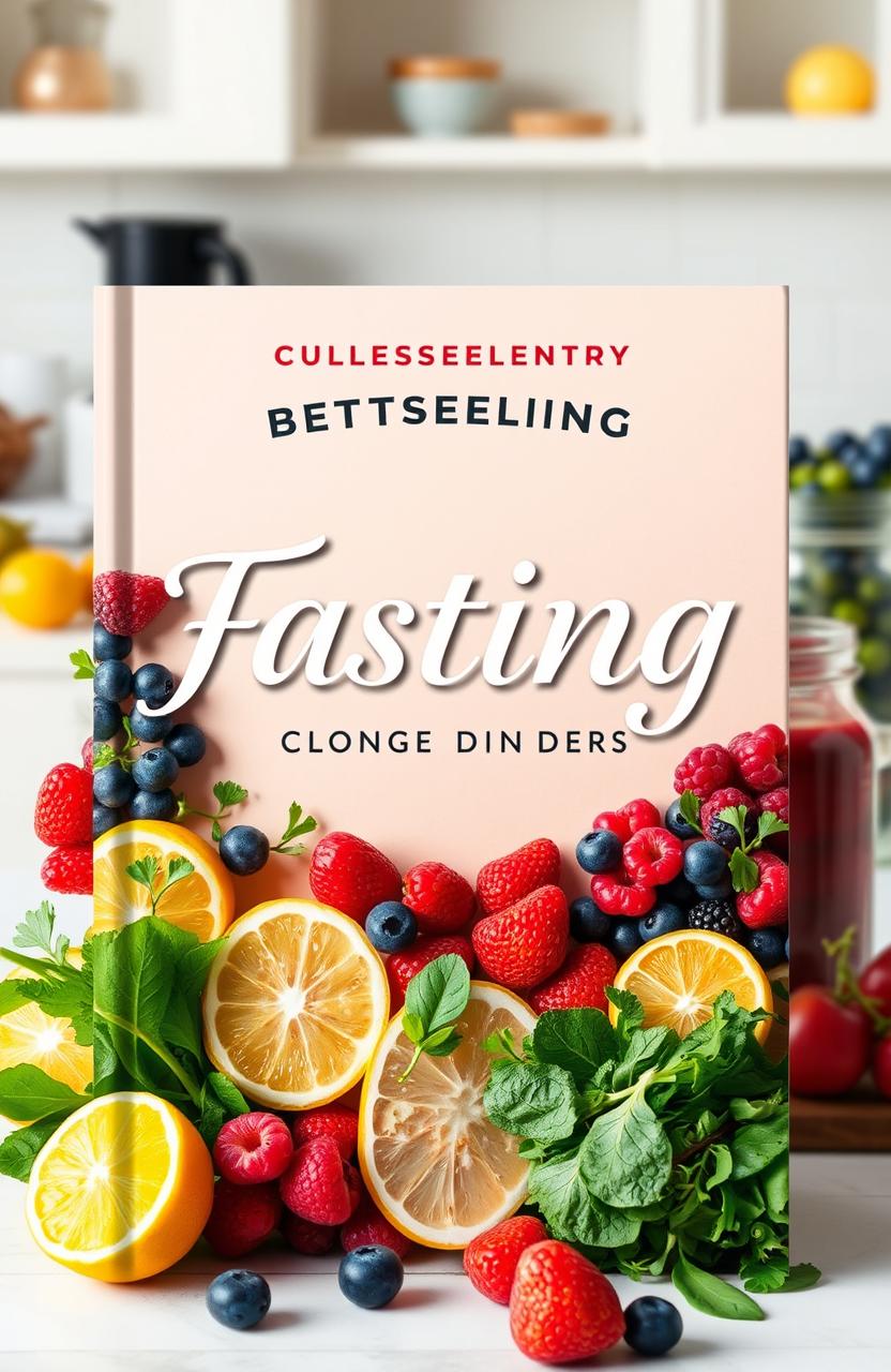 A visually captivating and enticing book cover design for a bestselling fasting guide, featuring an array of vibrant fruits and vegetables like berries, lemons, and greens, artistically arranged around a central, eye-catching title in elegant, inviting typography