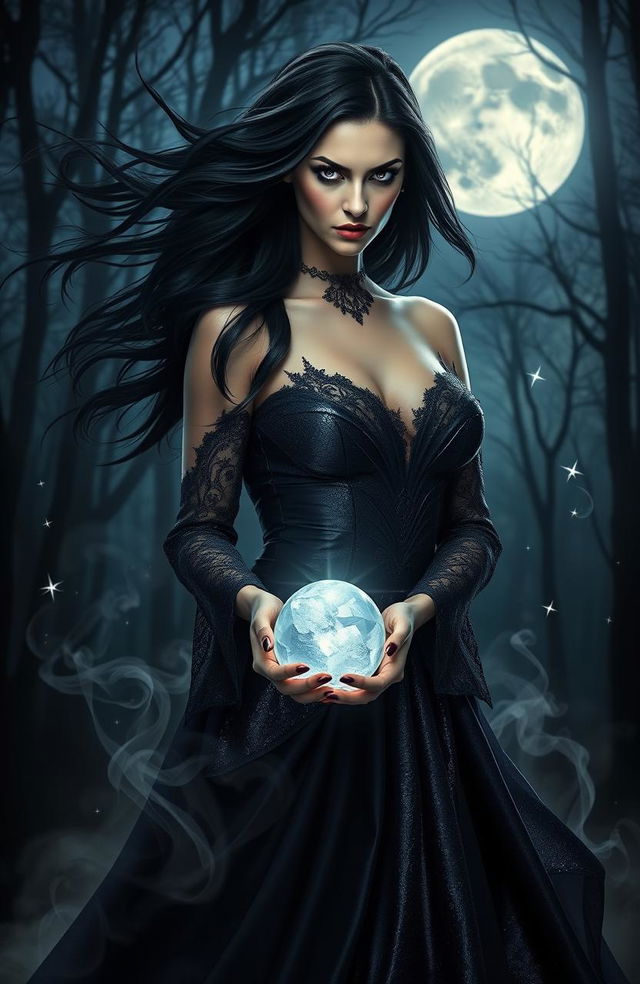 A captivating portrayal of dark divine feminine energy, featuring a powerful sorceress with flowing black hair and deep violet eyes, wearing a shimmering dark gown that blends into the shadows