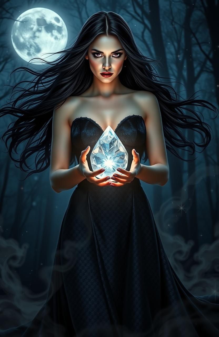 A captivating portrayal of dark divine feminine energy, featuring a powerful sorceress with flowing black hair and deep violet eyes, wearing a shimmering dark gown that blends into the shadows