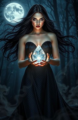 A captivating portrayal of dark divine feminine energy, featuring a powerful sorceress with flowing black hair and deep violet eyes, wearing a shimmering dark gown that blends into the shadows